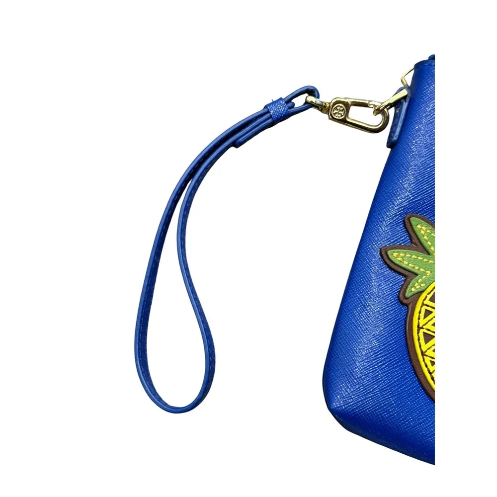 Tory Burch Wristlet Cobalt Blue Saffiano Leather Pineapple Zip Clutch Wallet Bag
